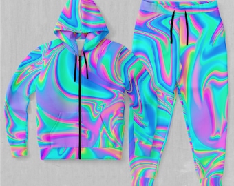 Sudadera con capucha holográfica psicodélica con cremallera y chándal Joggers Set