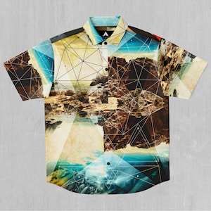 Geometric Shores Tropical Beach Abstract Short Sleeve Button Down Collared Shirt