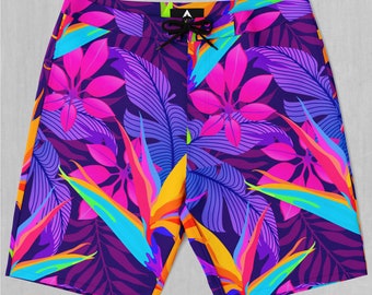 Neon Jungle Tropical Floral Pattern Board Shorts Men's Bathing Suit Swim Trunks With Pockets and Drawstring