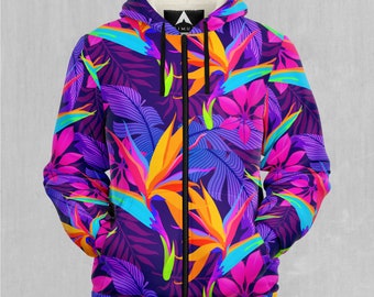 Neon jungle retro vaporwave tropisch patroon sherpa microfleece hoodie met rits