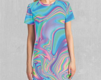 Holographic Colorful Psychedelic T-Shirt Dress