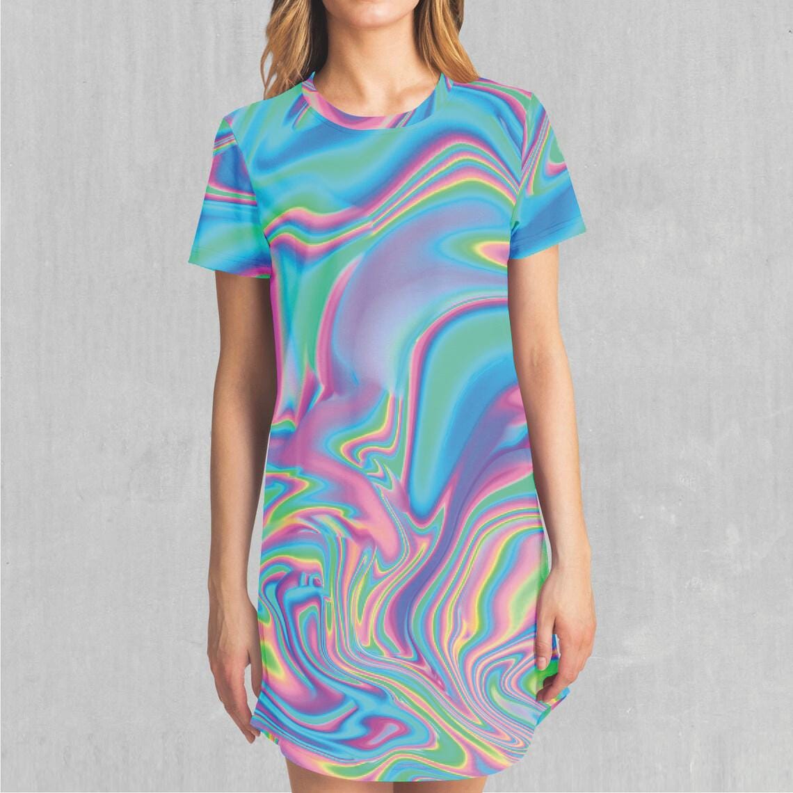Holographic Colorful Psychedelic T-Shirt Dress