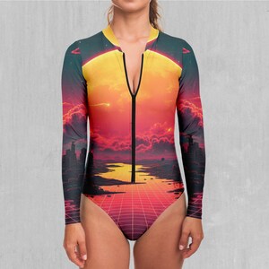 Cyber Skyline Retro Synthwave Festival Rave One Piece Bodysuit Bathing Suit