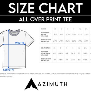 May include: Size chart for an all-over print tee shirt. The chart shows measurements in inches and centimeters for sizes XS to 4XL. The chart includes measurements for 1/2 chest, 2.5 cm below armhole, and body length from H.P.S.