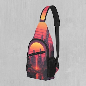 Riñonera bandolera estilo festival con diseño retro de ondas de vapor y ondas de neón