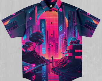 Neon Sunrise Synthwave Short Sleeve Vaporwave Button Down Collared Shirt