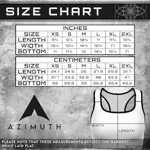 Op de afbeelding: Maattabel voor een tanktop in inches en centimeters. De tabel toont de maten voor XS, S, M, L, XL en 2XL. De tabel bevat ook een diagram van de tanktop met labels voor lengte, breedte en onderkant.