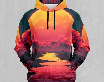 Cyber Skyline Vaporwave Synthwave EDM Rave Festival Polyester Hoodie
