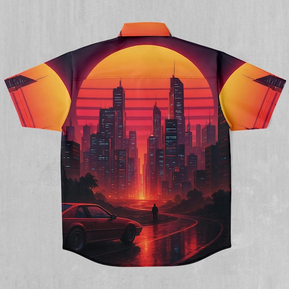 Neon Sunrise Synthwave Short Sleeve Vaporwave Button Down