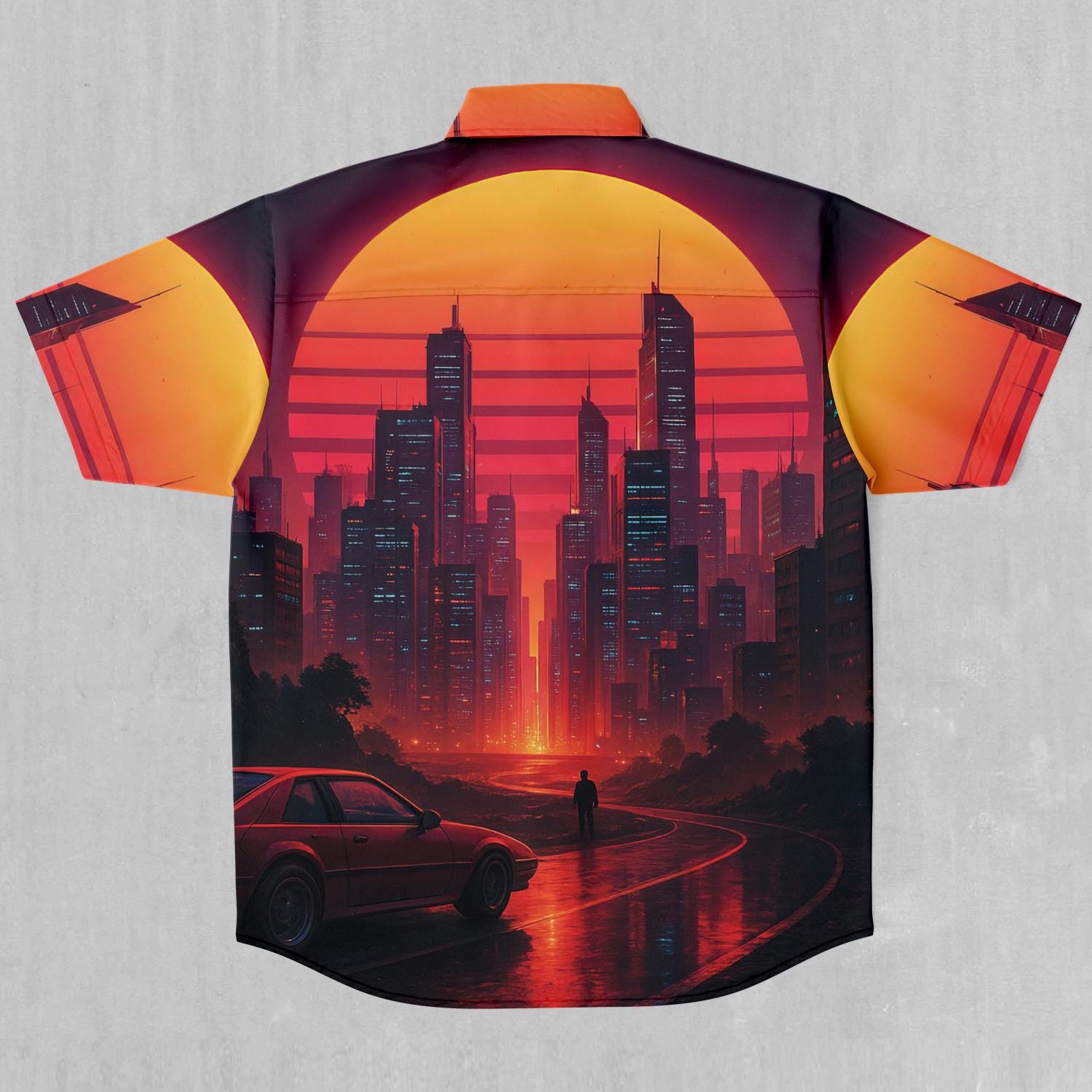 Neon Sunrise Synthwave Short Sleeve Vaporwave Button Down Collared