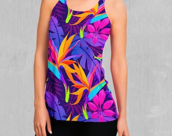 Débardeur dos nageur femme à motif tropical jungle néon (taille XS)