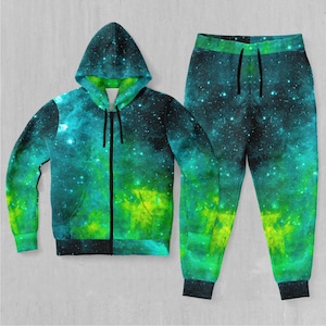 May include: A green and blue galaxy print tracksuit with a zip-up hoodie and matching sweatpants.