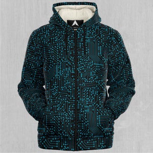 Felpa con cappuccio e zip in micropile Sherpa con motivo astratto cibernetico blu