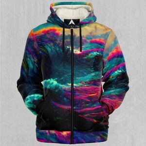 May include: A black zip-up hoodie featuring an abstract design of waves and clouds in shades of blue, pink, purple, and yellow.
