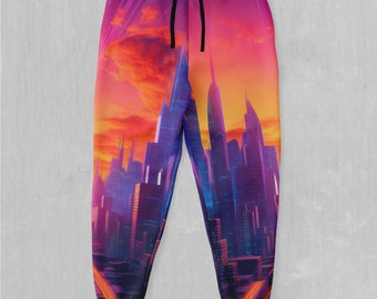 Joggers unisex Neon Skyline Synthwave Retro EDM Rave Festival