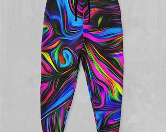 May include: A pair of black sweatpants with a colorful abstract swirl pattern in shades of blue, pink, green, and yellow.