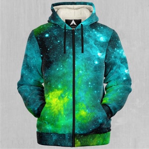 May include: A black zip-up hoodie with a green and blue galaxy print. The hoodie has a fleece lining and a black drawstring hood.