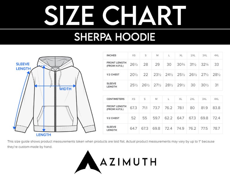 K&ouml;nnte beinhalten: Gr&ouml;&szlig;entabelle f&uuml;r einen Sherpa-Hoodie, mit Ma&szlig;en in Zoll und Zentimetern. Die Tabelle enth&auml;lt Vorderl&auml;nge, 1/2 Brustumfang und &Auml;rmell&auml;nge f&uuml;r die Gr&ouml;&szlig;en XS bis 4XL. Die Abbildung zeigt den Hoodie mit Ma&szlig;angaben.