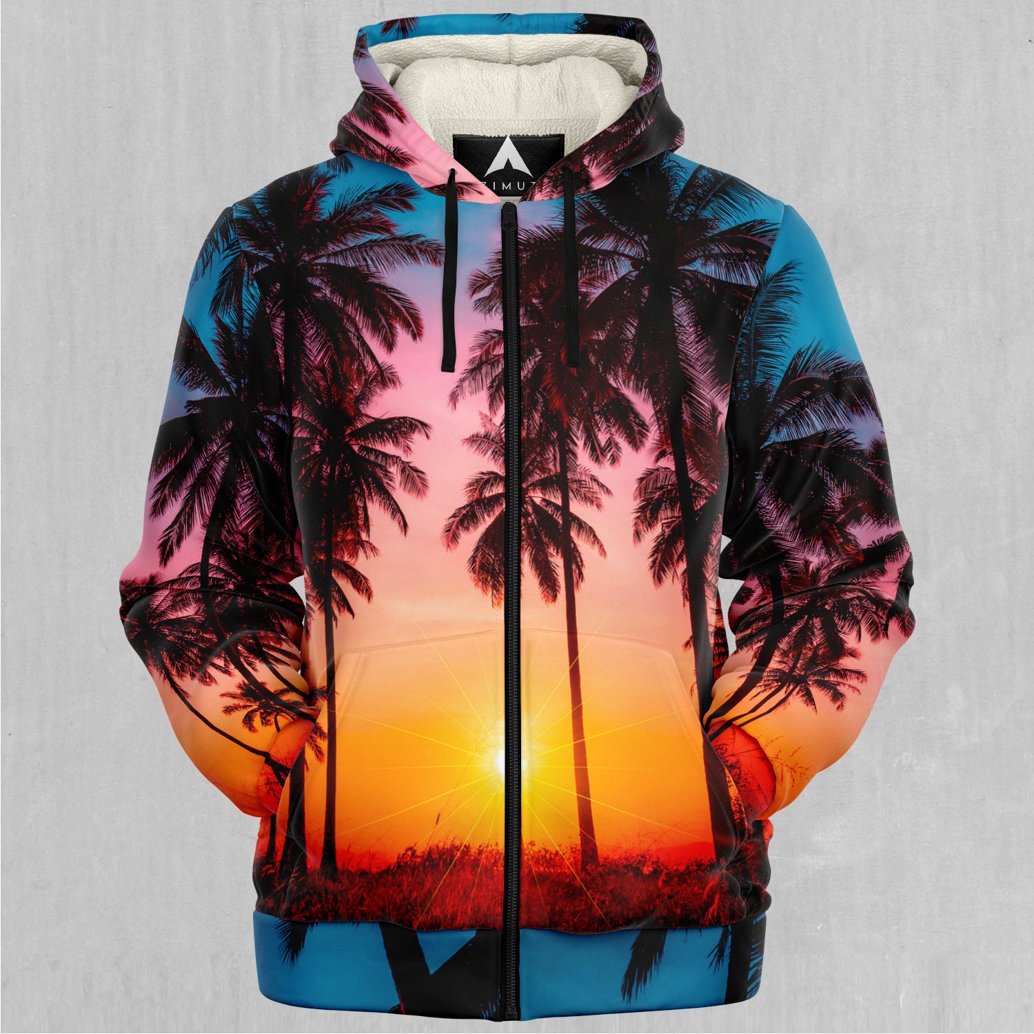 Discover Coastal Dreams Palm Trees Tropical Abstract Pattern Sherpa Microfleece Zip-Up Hoodie