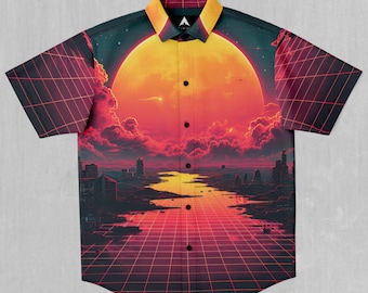 Cyber Skyline Synthwave Short Sleeve Vaporwave Button Down Collared Shirt