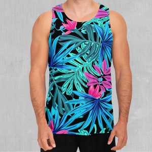 Neon Lush Floral Pattern Tropical Men&#39;s Tank Top Muscle Sleeveless Shirt