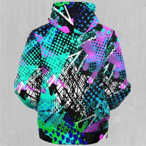 May include: A black hoodie with a colorful abstract print featuring blue, green, pink, and white paint splatters, stars, and polka dots.