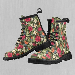 Botanical Floral Pattern Women&#39;s Lace-Up Faux Leather Boots