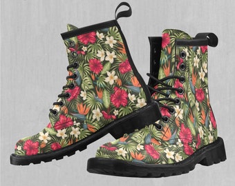 Botanical Floral Pattern Women's Lace-Up Faux Leather Boots