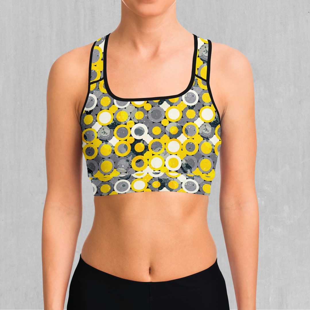 Bass Boosted Polka Dot Yellow Sports Bra, Women's Sports Bra, Workout ...