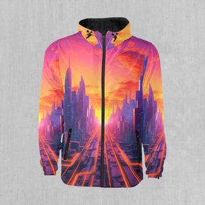 Neon Skyline Vaporwave Retro Synthwave Snowboarding Windbreaker and Ski Windbreaker Jacket
