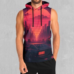 Nightfall Synthwave City EDM Rave Festival Polyester Ärmelloser Kapuzenpullover