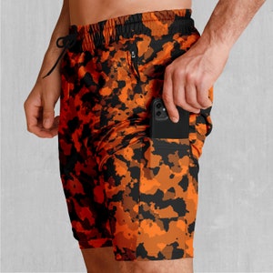 Savage Orange Camo Masculino 2 en 1 Compresión y Pantalones Cortos Atléticos de Gimnasio