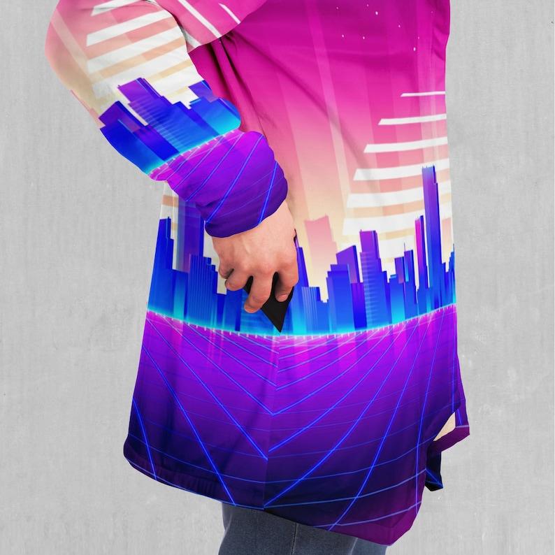 Cyber City Vaporwave Retro EDM Rave Festival Sherpa Lined Hooded Cloak