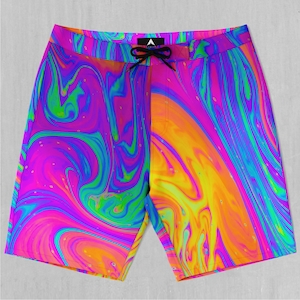 Acidic Drip Psychedelic Board Shorts Men&#39;s Bathing Suit Swim Trunks With Pockets and Drawstring