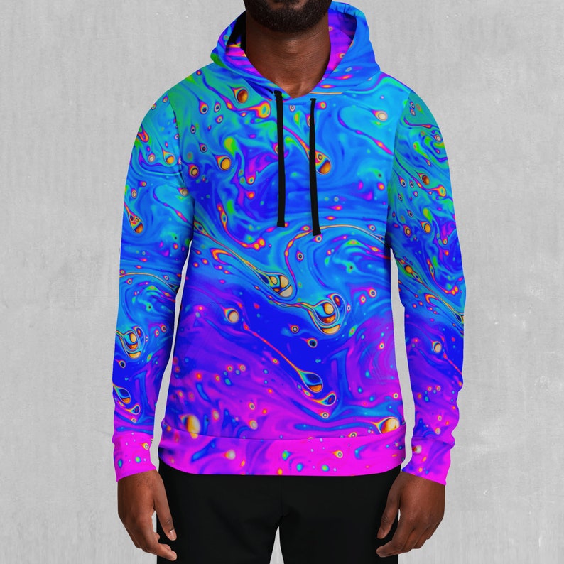 May include: A blue and purple hoodie with a psychedelic liquid swirl pattern. The hoodie has a drawstring hood and long sleeves.