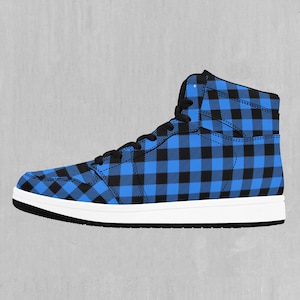 Blue Checkered Plaid High Top Sneakers, High Top Shoes