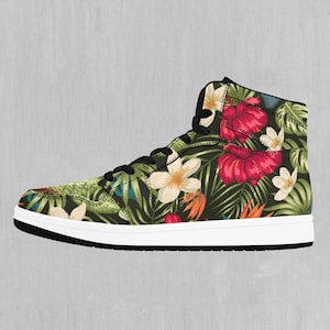 May include: High-top sneakers with a white sole and a tropical floral print featuring red, white, and yellow flowers on a green background.