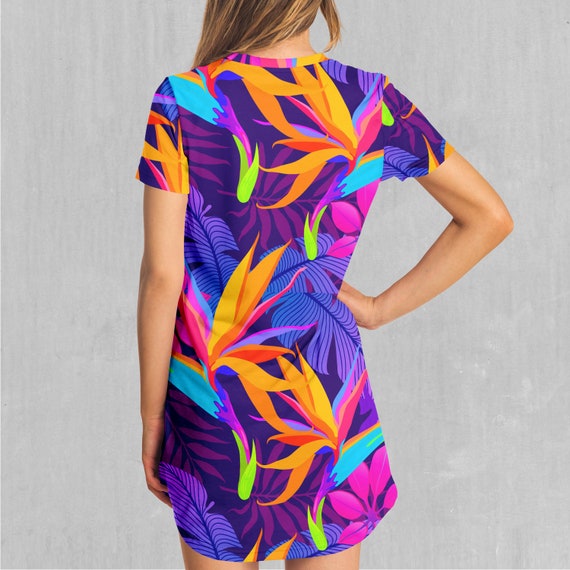 Neon Jungle Tropical Palm Tree Floral Pattern T-shirt Dress - Etsy UK