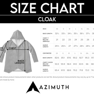May include: Size chart for a hooded cloak with measurements in inches and centimetres. The chart shows the back length, chest, sleeve length, and armhole measurements for sizes XS to 4XL.