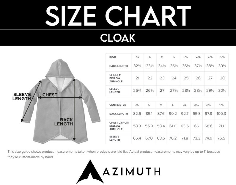May include: Size chart for a hooded cloak with measurements in inches and centimetres. The chart shows the back length, chest, sleeve length, and armhole measurements for sizes XS to 4XL.