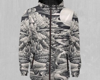 May include: A black and white hooded jacket with a zipper closure. The jacket features a swirling, abstract design of clouds, trees, and water.