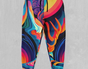 May include: Colorful sweatpants with a psychedelic abstract pattern in shades of blue, pink, orange, and yellow.
