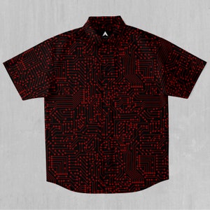 Red Cybernetic Short Sleeve Button Down Collared Shirt