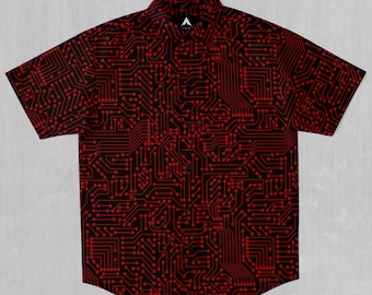 Red Cybernetic Short Sleeve Button Down Collared Shirt