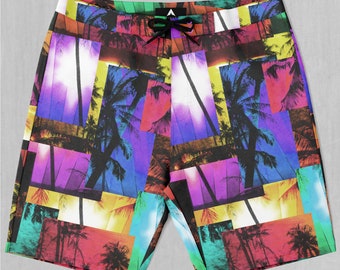 Paradise Collage Tropical Palm Tree Board Shorts Men's Bathing Suit Swim Trunks With Pockets and Drawstring