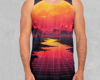 Cyber Skyline Retro Vaporwave Synthwave Men's Tank Top Muscle Sleeveless Shirt