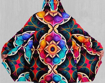 Blossoming Spectrum Mandala Psychedelic EDM Rave Festival Sherpa Lined Hooded Cloak