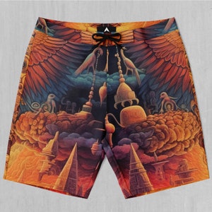 Ascension Egyptian Psychedelic Board Shorts Men&#39;s Bathing Suit Swim Trunks With Pockets and Drawstring