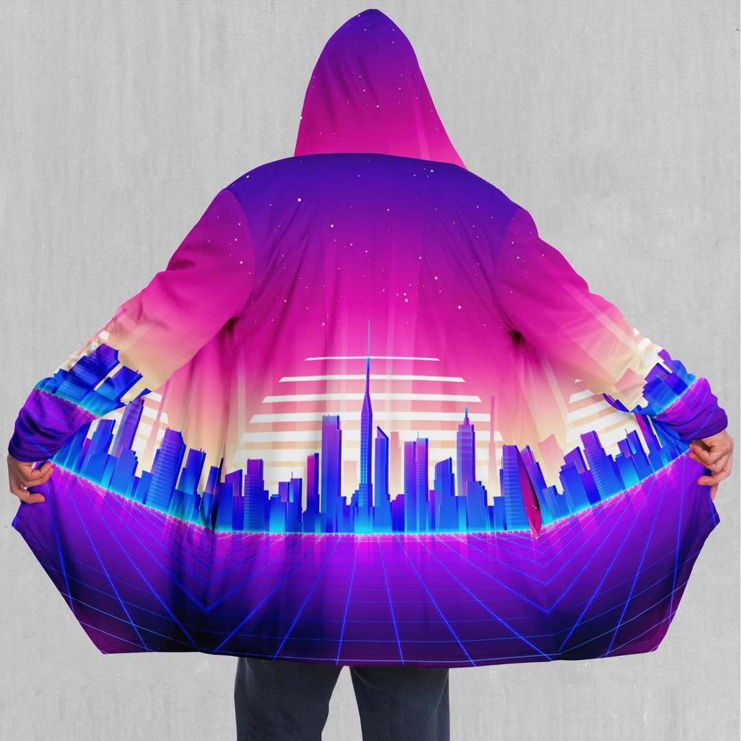 Cyber City Rave Cyber City Vaporwave Retro EDM Rave Festival Sherpa Lined Hooded Cloak ...