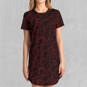 Red Topographic Abstract Streetwear Patterned T-Shirt Dress